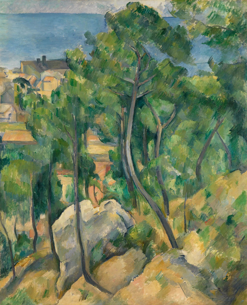 Klipper, fyrretræer og hav ved L'Estaque - Paul Cézanne