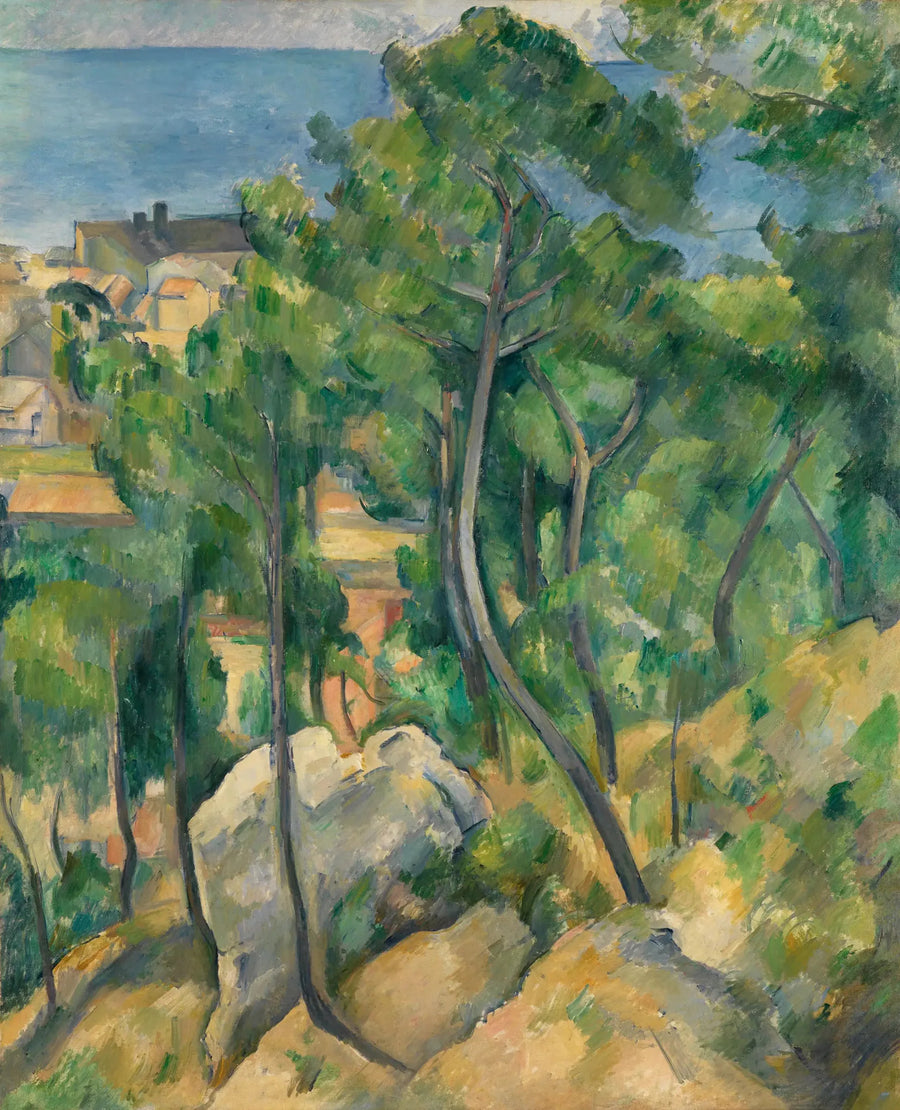Klipper, fyrretræer og hav ved L'Estaque - Paul Cézanne