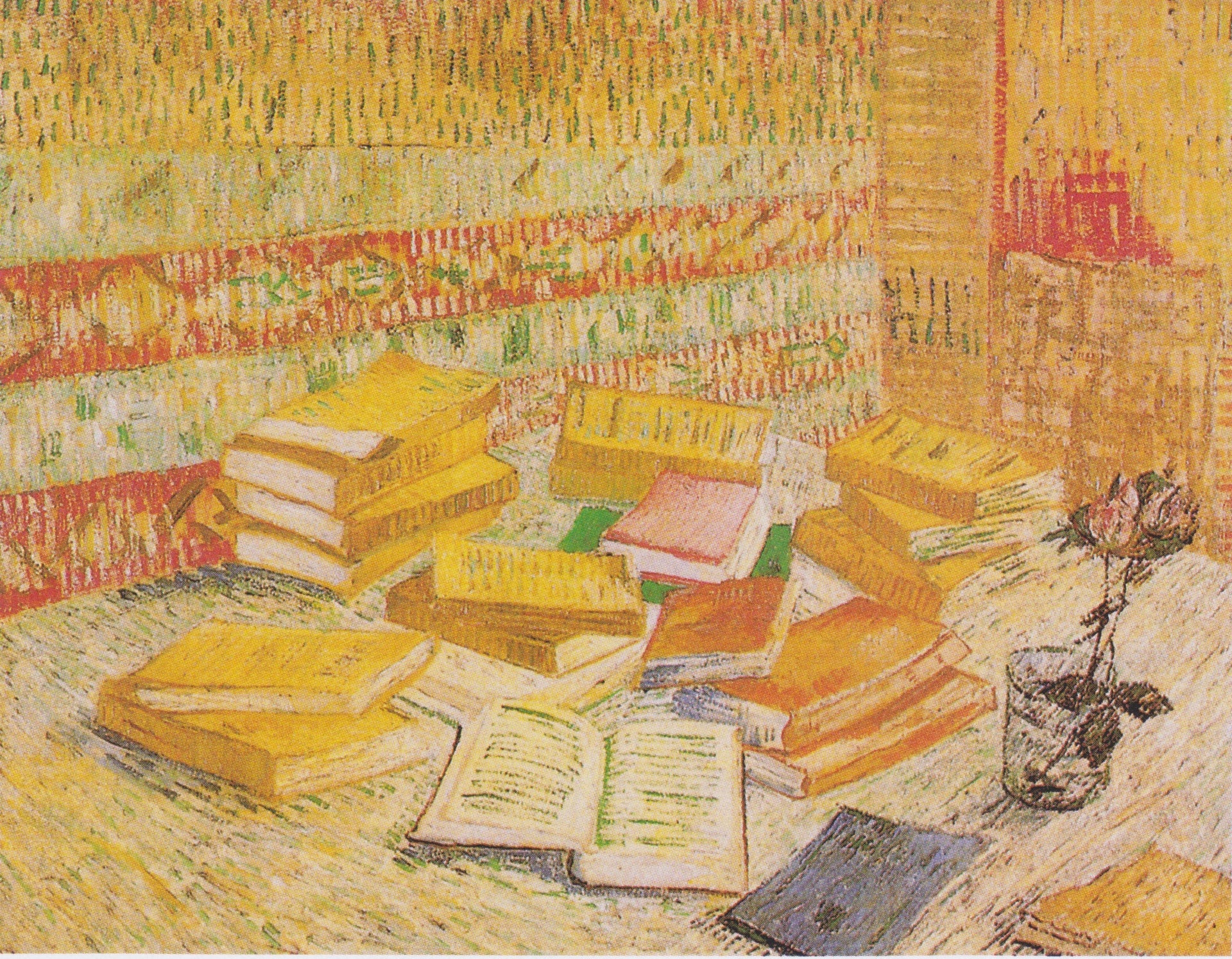 Romans parisiens et rose dans un verre, F359 — piles de livres colorés et fleur peints par Vincent van Gogh