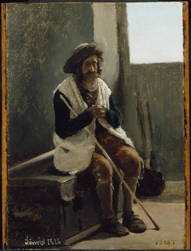 Rom, ældre mand sidder på en kuffert ejet af Corot - Jean-Baptiste Camille Corot