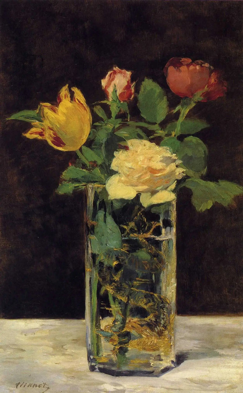 Rosen og tulipaner i en vase - Édouard Manet