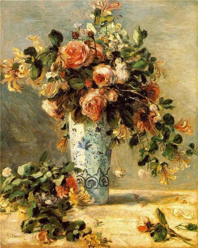 Rosen og jasmin i en Delft vase - Pierre-Auguste Renoir