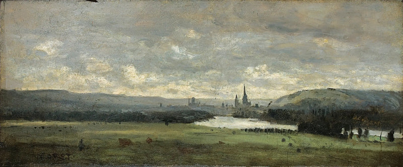 Rouen, en panoramisk udsigt over Seinen i forgrunden - Jean-Baptiste Camille Corot