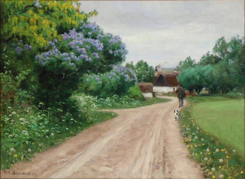 Landvej med blomstrende syrener og gyldne regn - H. A. Brendekilde