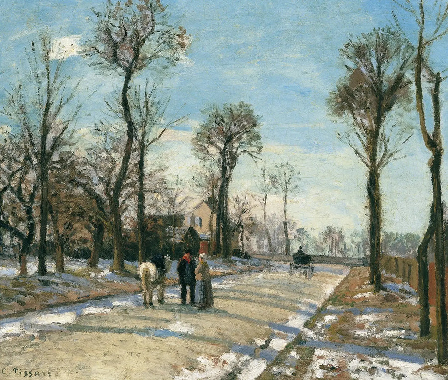 Route de Versailles, Louveciennes, sol og sne om vinteren - Camille Pissarro