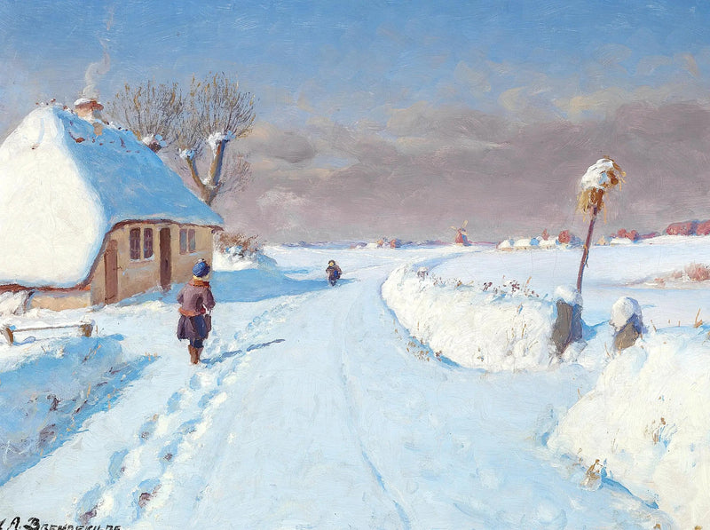 Solrig vej ved landsbyens udkant, vinter (32 x 42 cm). - H. A. Brendekilde