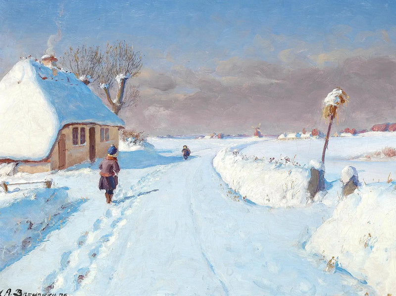 Solrig vej ved landsbyens udkant, vinter (32 x 42 cm). - H. A. Brendekilde