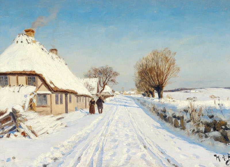 Solrig vej ved en landsby, vinter. - H. A. Brendekilde