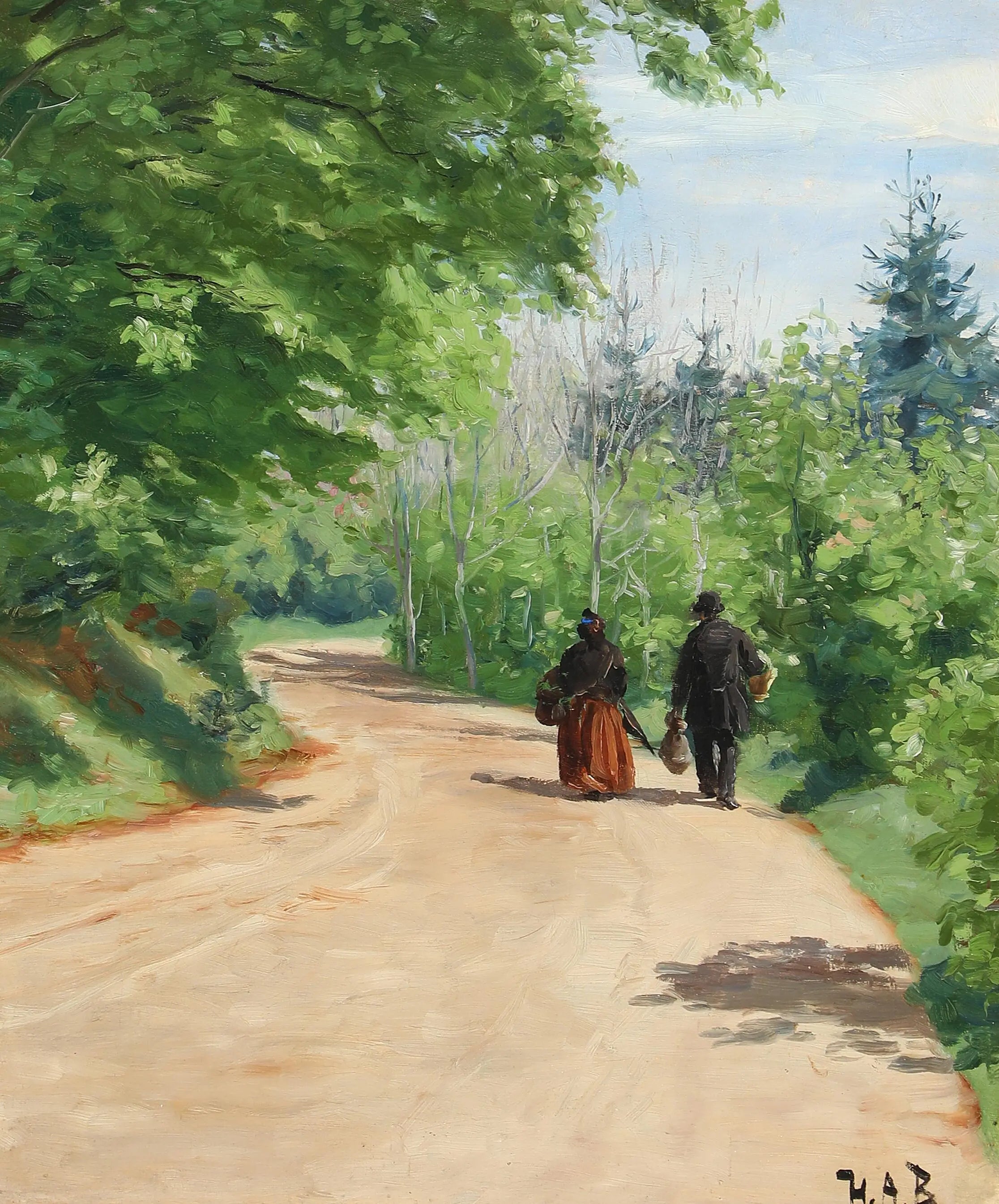 Route forestière printanière avec un couple en marche. - H. A. Brendekilde - Alpha Reproduction