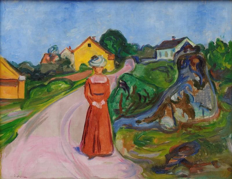 Åsgårdstrand gade og Kvinde i rød kjole - Edvard Munch