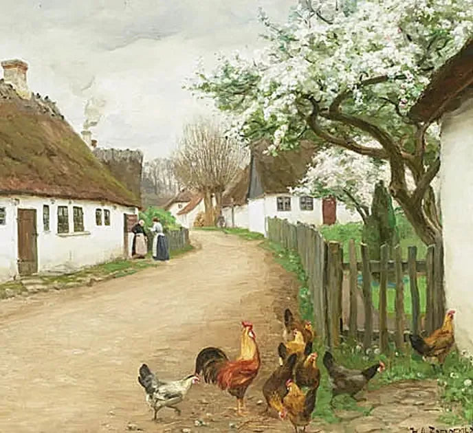Gade i landsbyen med høns og to kvinder, der taler. - H. A. Brendekilde