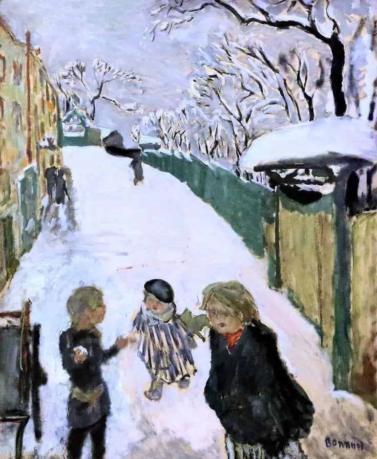 Gade under sneen med legende børn - Pierre Bonnard