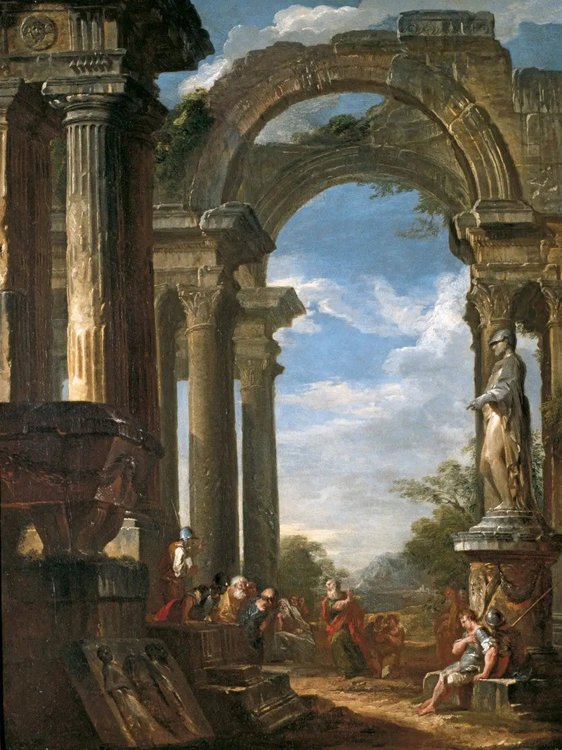 Ruiner af et tempel med en apostel, der prædiker - Giovanni Paolo Panini