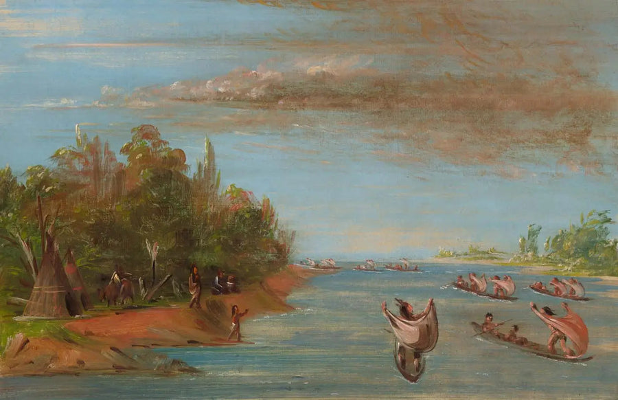 Sac et Fox navigant en canoë - George Catlin