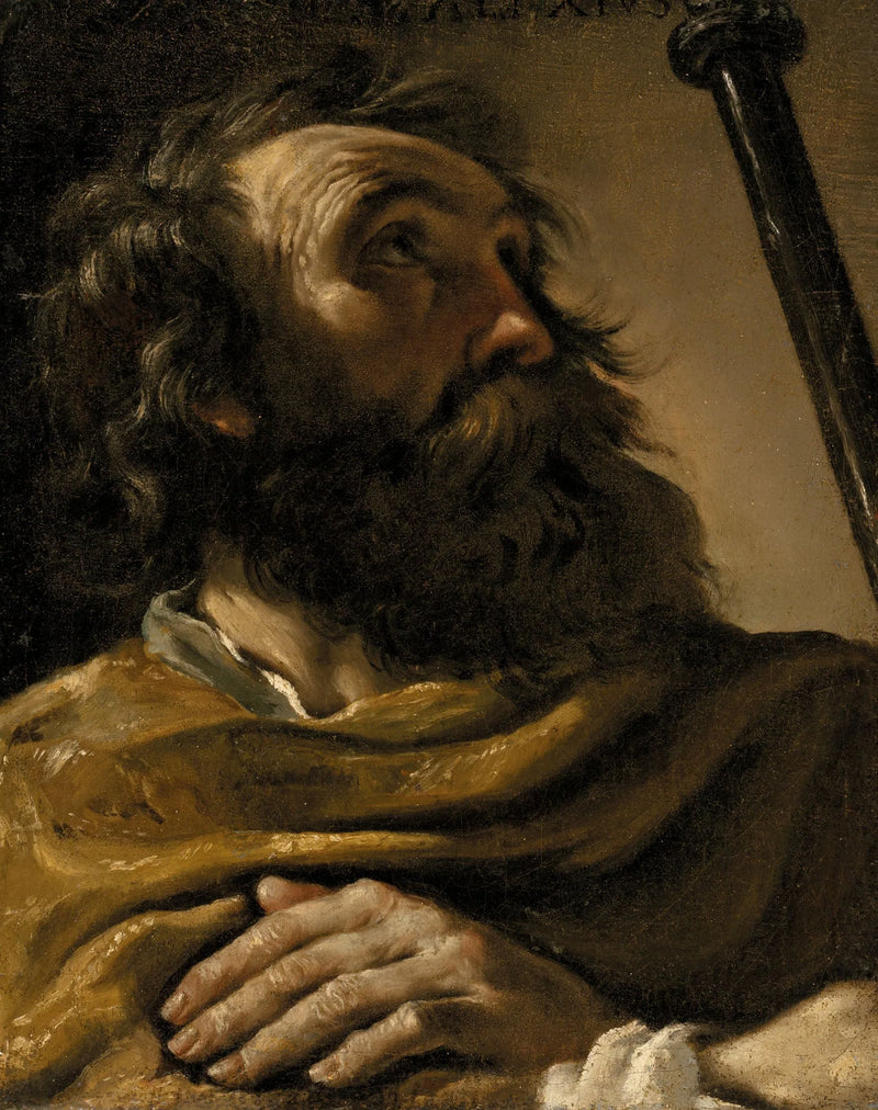 Saint Alexis i en brun frakke, holder en stok - Guercino
