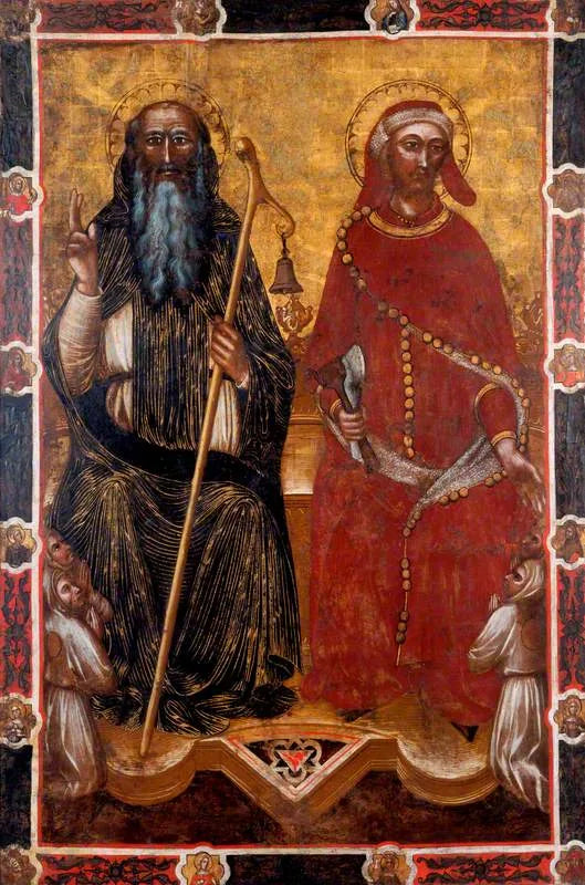 Saint Antoine l'Abbé og Saint Éloi med to par af tilbedere knælende (på den ene side af en processionstale) (tidligere tilskrevet Barnaba da Modena) - Spinello Aretino