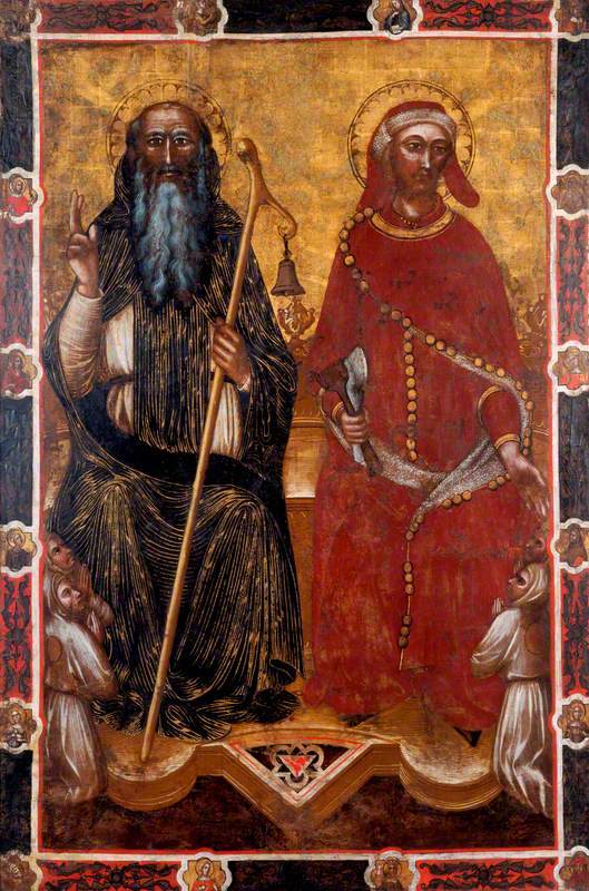 Saint Antoine l'Abbé og Saint Éloi med to par af tilbedere knælende (på den ene side af en processionstale) (tidligere tilskrevet Barnaba da Modena) - Spinello Aretino