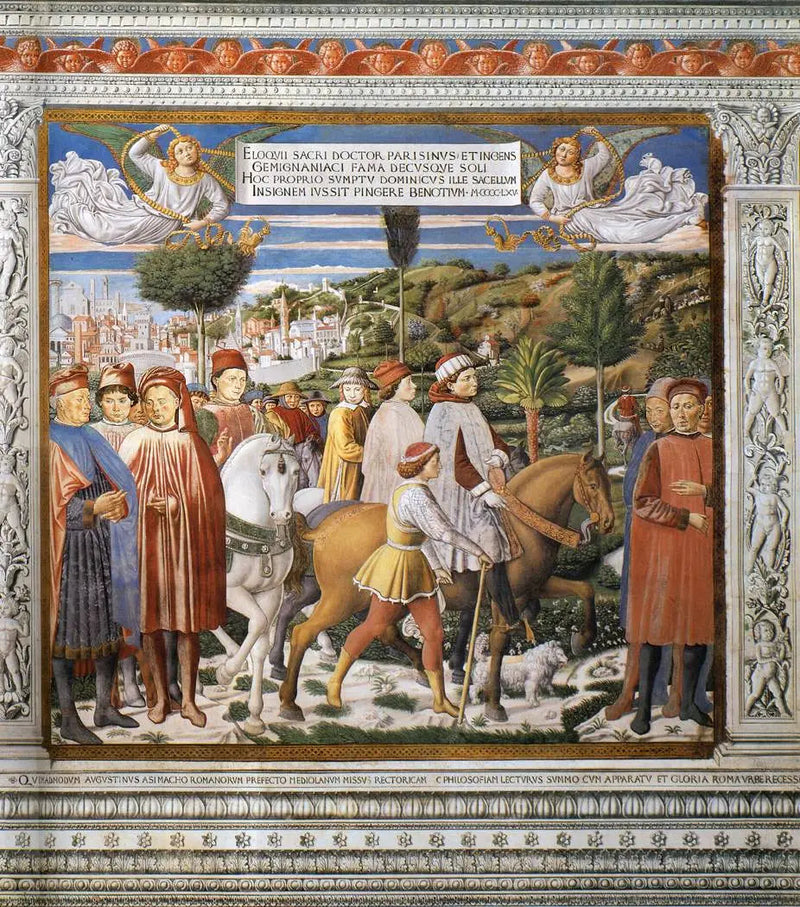 Sankt Augustin tager afsted til Milano (scene 7, sydvæggen) - Benozzo Gozzoli