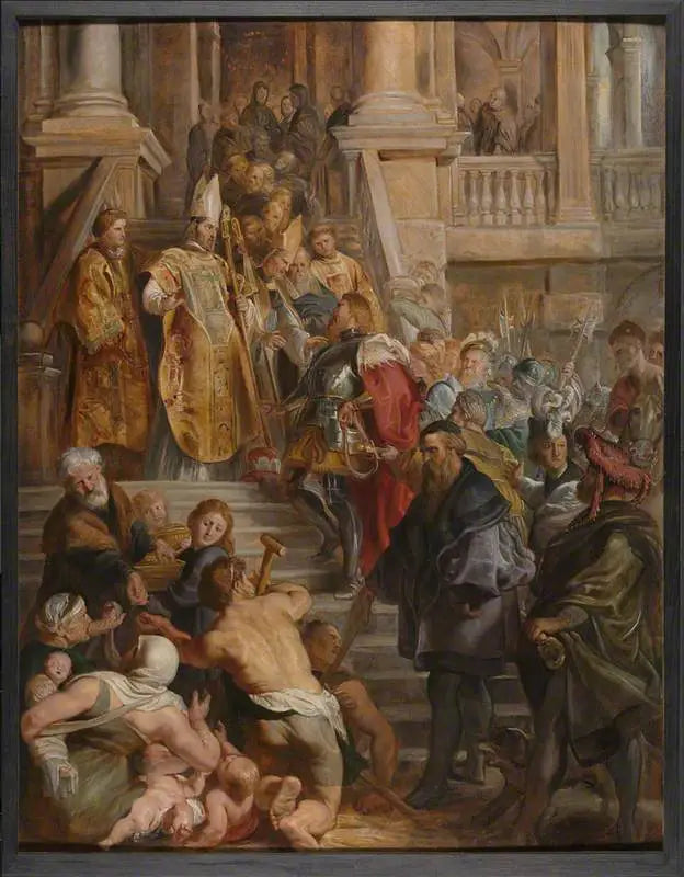 Saint Bavon er modtaget af de hellige Amand og Floribert - Peter Paul Rubens