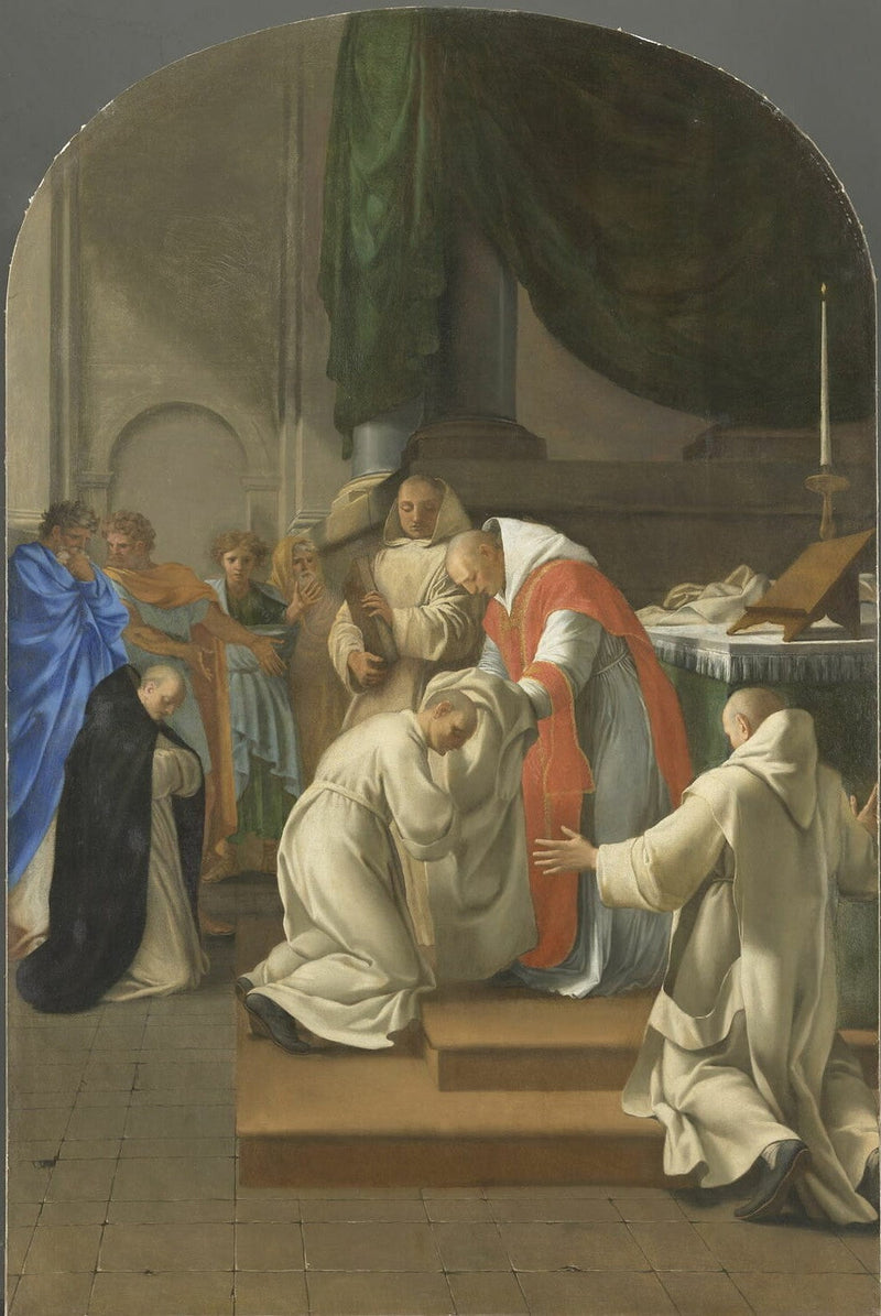 Saint Bruno giver klæder til flere personer - Eustache Le Sueur