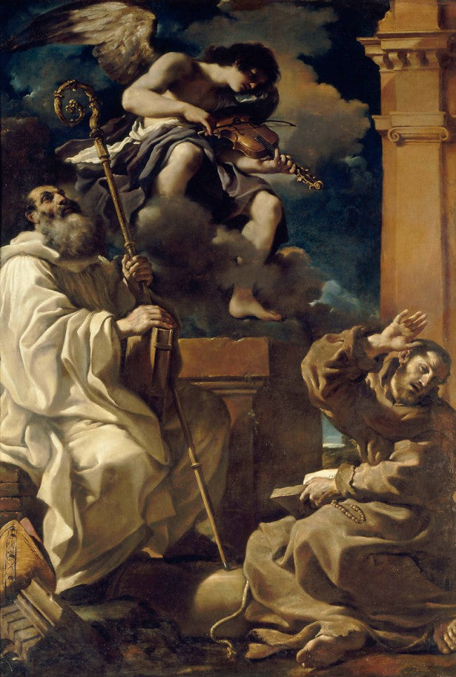 Saint François i ekstase med Sankt Benoît og en musikalsk engel - Guercino