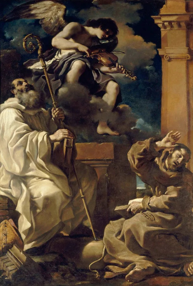 Saint François i ekstase med Sankt Benoît og en musikalsk engel - Guercino