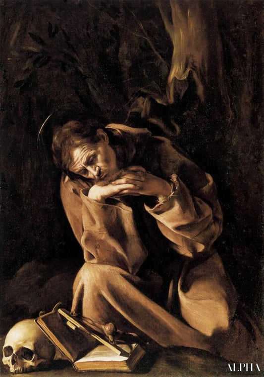 Sankt Fransiskus i meditation over krucifikset - Caravaggio - Reproduktioner af malerier og højkvalitets malerier