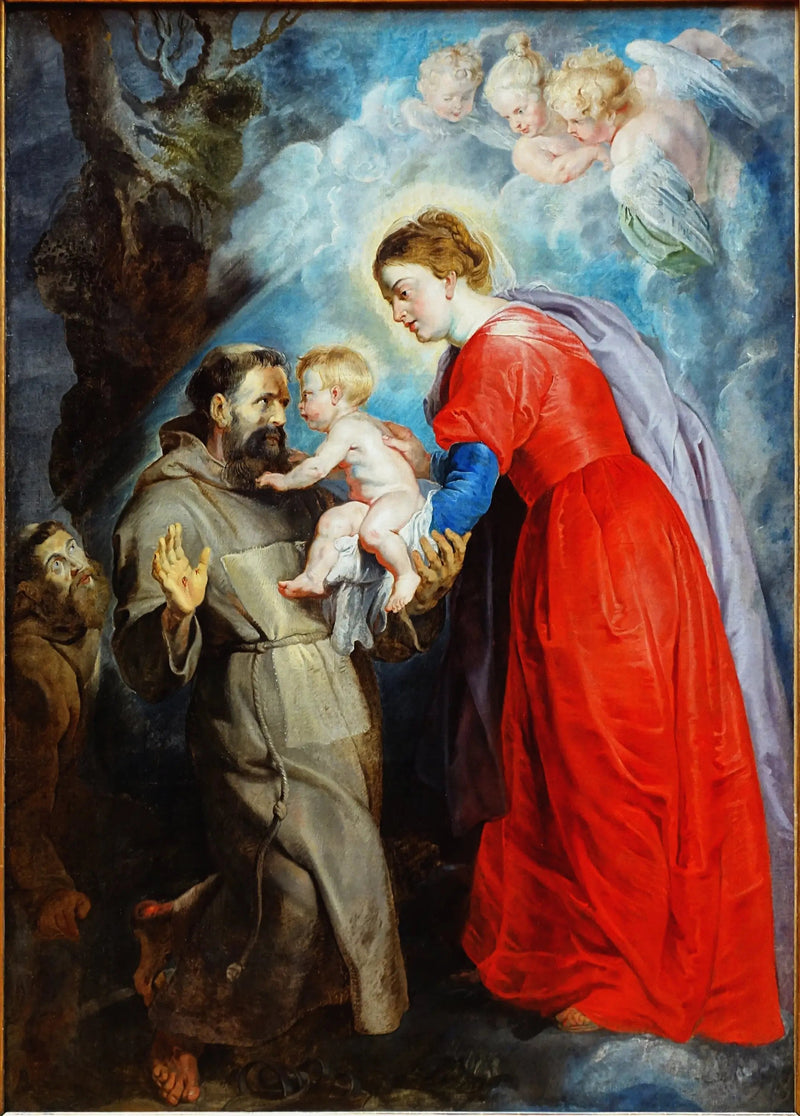 Saint François modtager Jesusbarnet fra Jomfruens hænder - Peter Paul Rubens