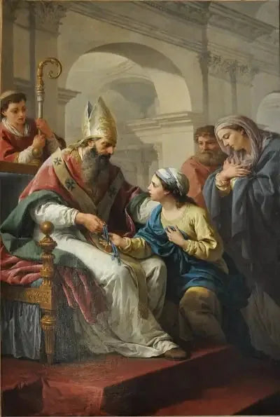 Saint Germain l'Auxerrois overrækker en medalje til Sankt Genevieve - Louis Jean François Lagrenée