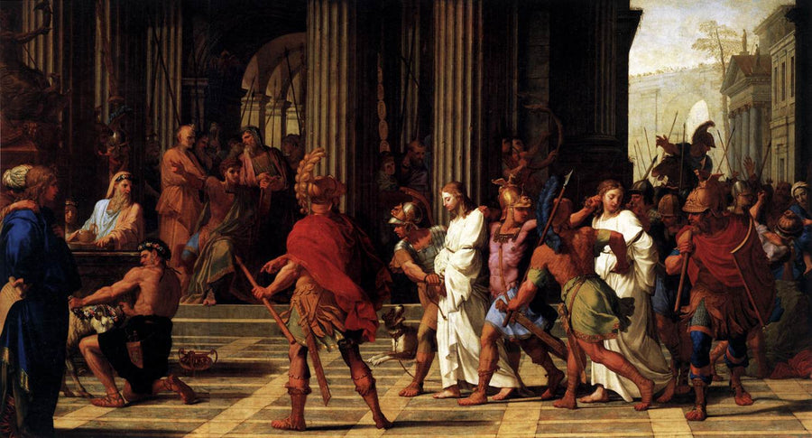 Saint Gervais og Saint Protais ankommer foran Astasius, der nægter at ofre til Jupiter - Eustache Le Sueur
