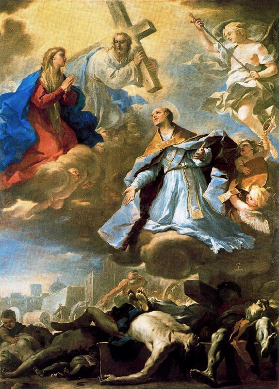 Saint Janvier beder til Jomfruen, Kristus og den Evige Fader for pesten. - Luca Giordano