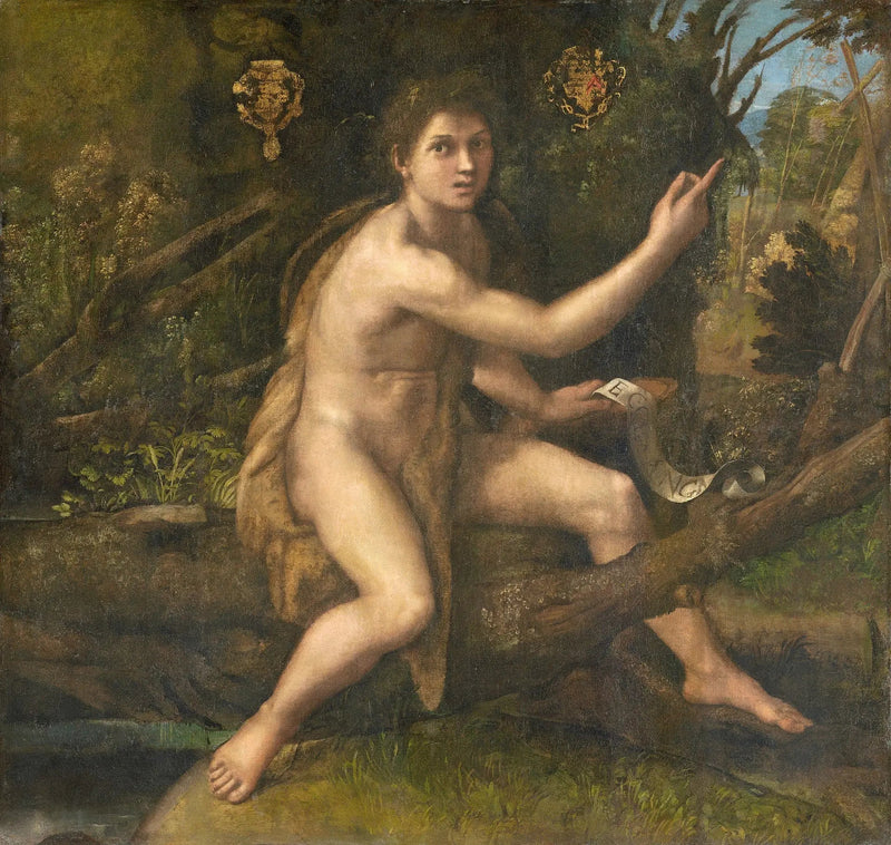 Sankt Johannes Døberen i ørkenen, der peger på Korset for Passionen - Raphael Sanzio