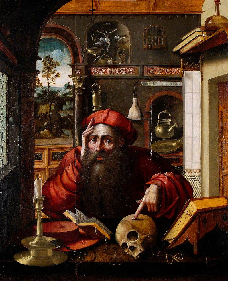 Sankt Jérôme med en kranium (efter Albrecht Dürer) - Marinus van Reymerswale