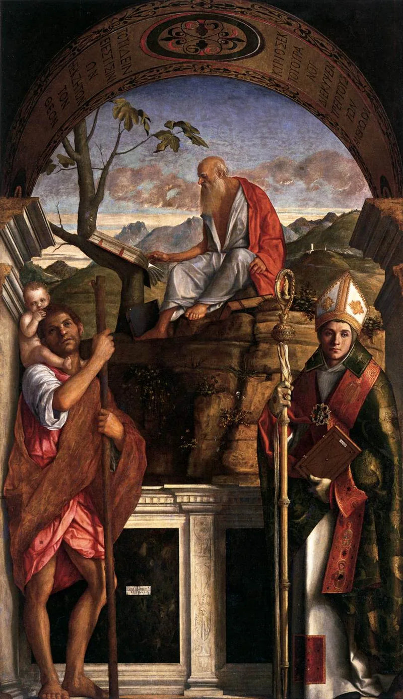 Sankt Jeromus læsende med Sankt Christophorus og Sankt Ludvig af Toulouse - Giovanni Bellini