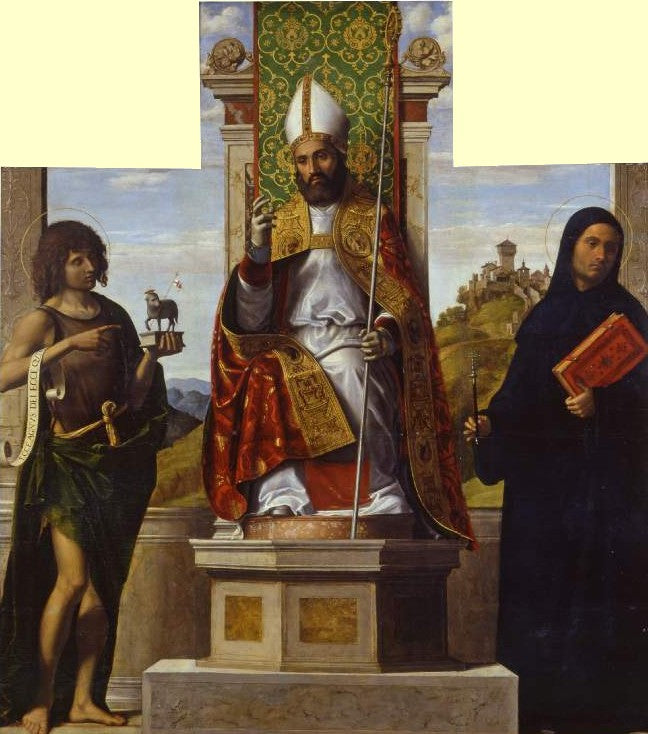 Saint Lanfranc siddende mellem Sankt Johannes Døberen og Sankt Libère - Cima da Conegliano