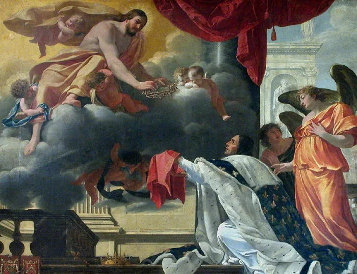 Saint Louis modtager tornekransen fra Kristi hænder, der viser sig for ham - Simon Vouet