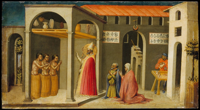 Saint Nicolas genopliver tre unge - Bicci di Lorenzo
