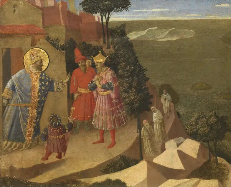 Saint Romuald forbyder kejser Otto III adgang til klosteret, uddrag af en skåret plade, der viser scener fra Thebais - Fra Angelico