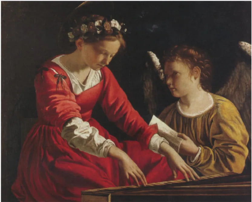 Sankt Cæcilie med en engel, der spiller på en harpe - Orazio Gentileschi