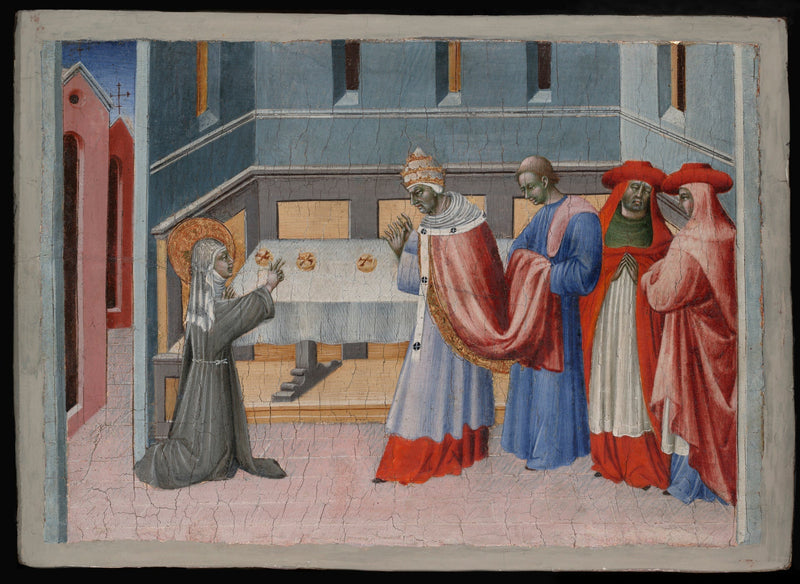 Sainte Claire d'Assise velsigner brødet foran paven Innocent IV - Giovanni di Paolo