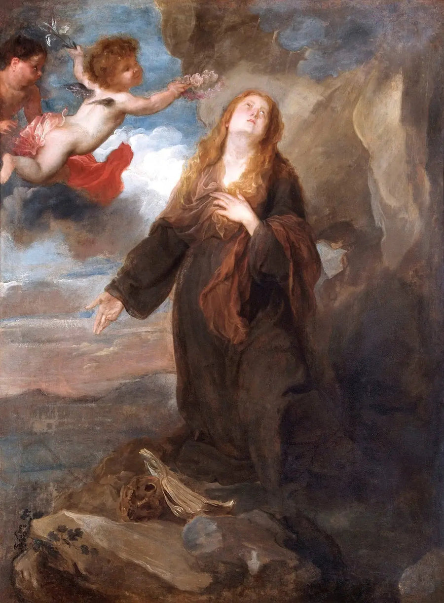 Sainte Rosalie kranset med roser af to engle - Antoine van Dyck
