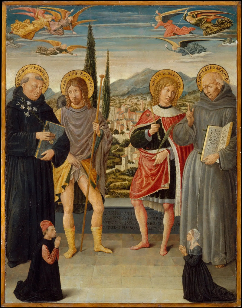 Sankt Nikolaus af Tolentino, Roch, Sebastian og Bernardin af Siena, med knælende donorer - Benozzo Gozzoli