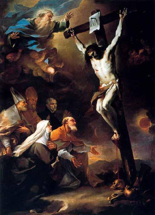 Helgener og skytshelgener for Napoli, der tilbeder korsfæstelsen - Luca Giordano