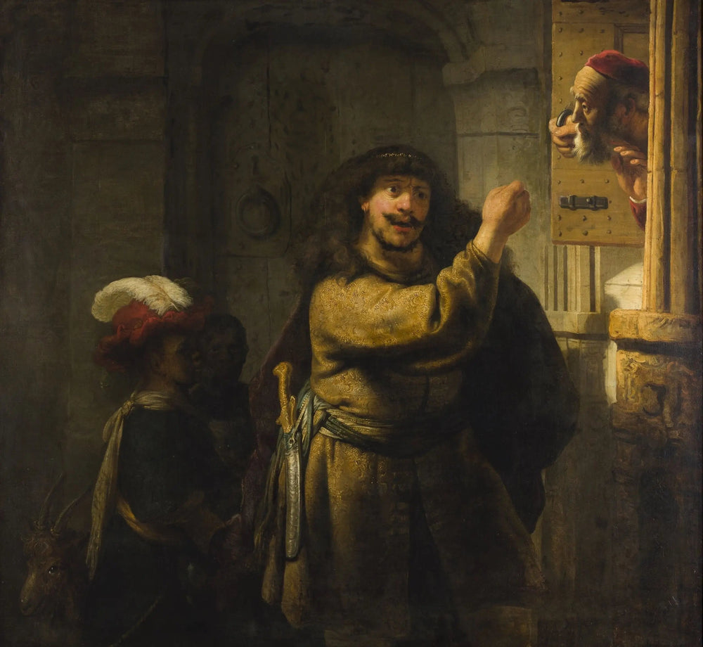 Reproduction du tableau « Samson menace son beau-père - Rembrandt » par Alpha Reproduction en peinture à l’huile