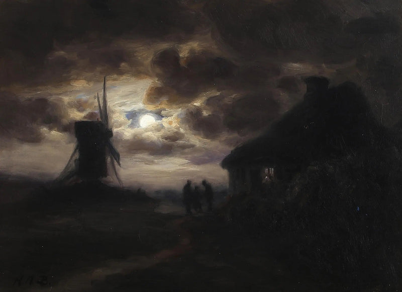 Måneskinnesscene med en mølle. - H. A. Brendekilde