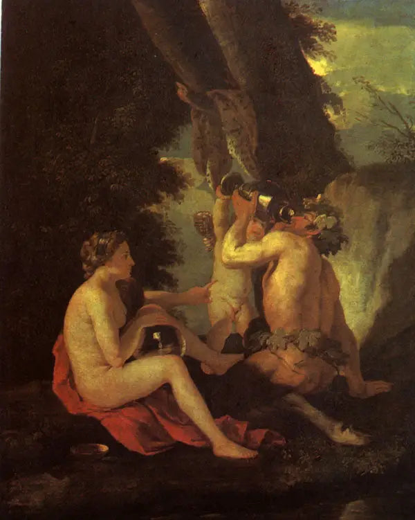 Bacerscene eller Nymfe og satyr, der drikker - Nicolas Poussin