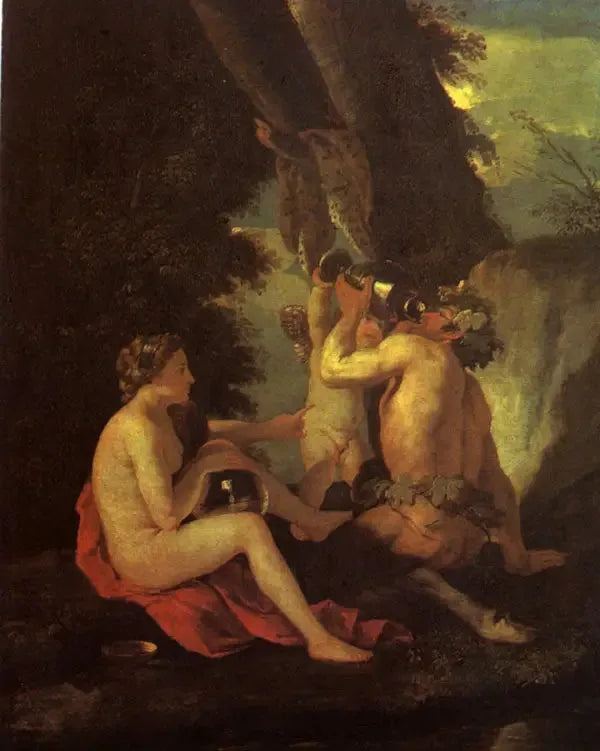 Bacerscene eller Nymfe og satyr, der drikker - Nicolas Poussin