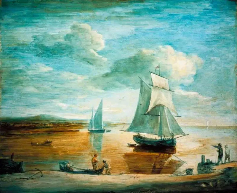 Kystscene med sejl- og åbåde og personer på kysten - Thomas Gainsborough