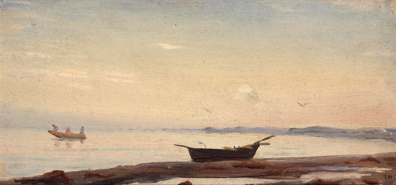 Kystscene i Skagen med en lille båd på stranden. - Michael Peter Ancher