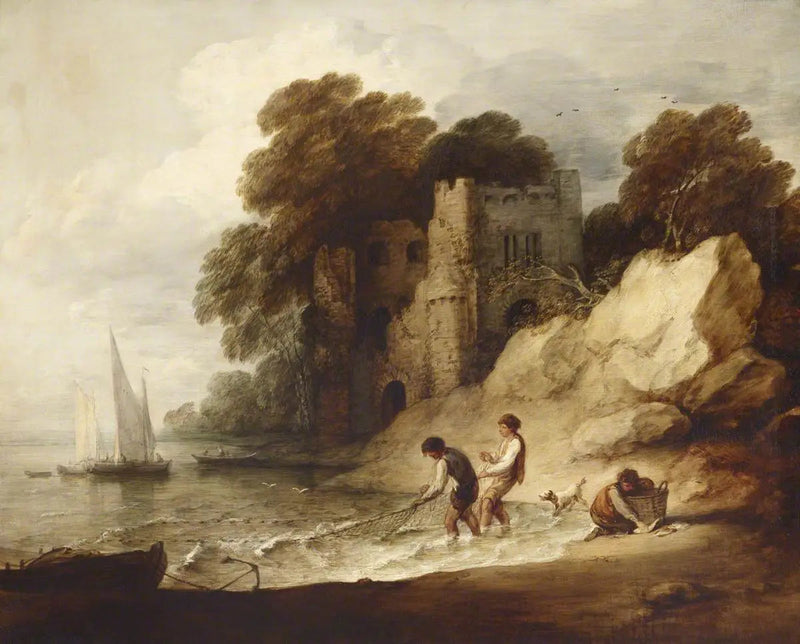 Kystscene med klippeformation, forladt slot, både og fiskere - Thomas Gainsborough